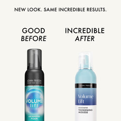Closeup of John Frieda Volume Lift air-silk technology highlighting airy texture for volumizing styling.