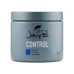 Johnny B. Control gel bottle shows alcohol-free formula for strong hold.