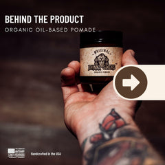 Johnny Slicks oil-based pomade label close-up highlighting USA-made veteran-owned branding
