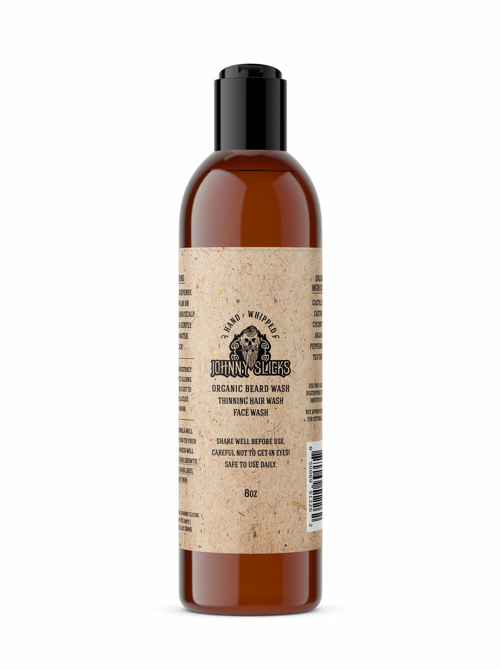 Johnny Slicks beard wash bottle shows organic formula for daily cleansing and refreshed beard.