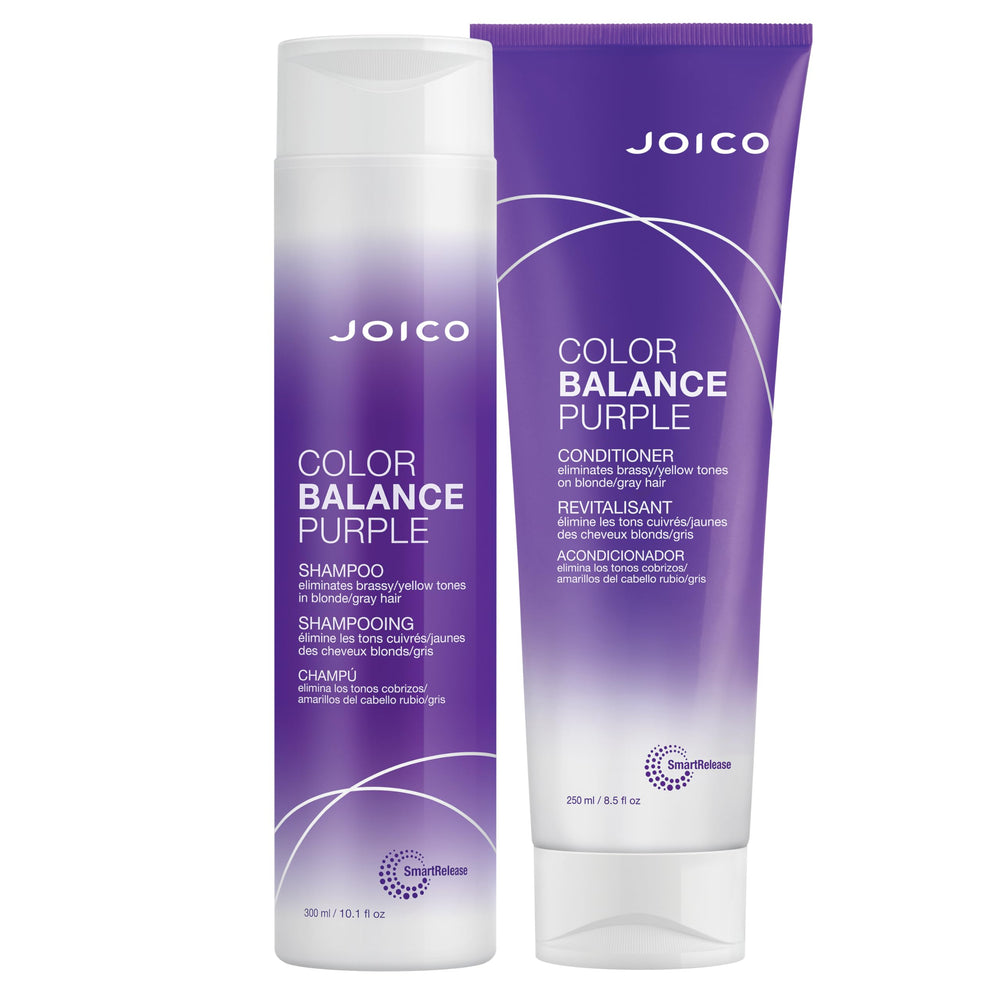 Joico Color Balance Purple Shampoo bottle neutralizes brass for cooler tones.