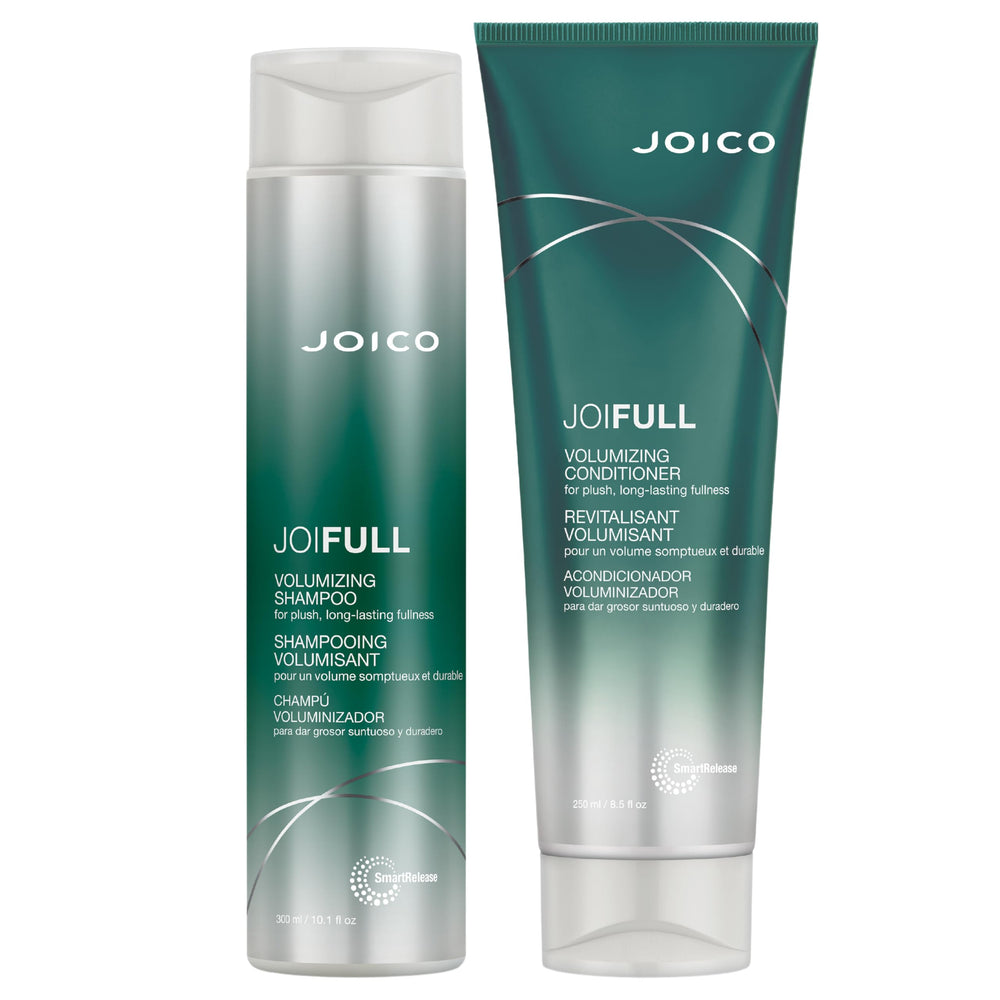 Joico JoiFULL volumizing shampoo bottle shows lift-ready formula for fine hair seeking fullness.