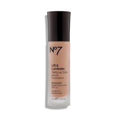 JoJo Siwa No7 Lift and Luminate bottle closeup for radiant complexion and serum-like coverage