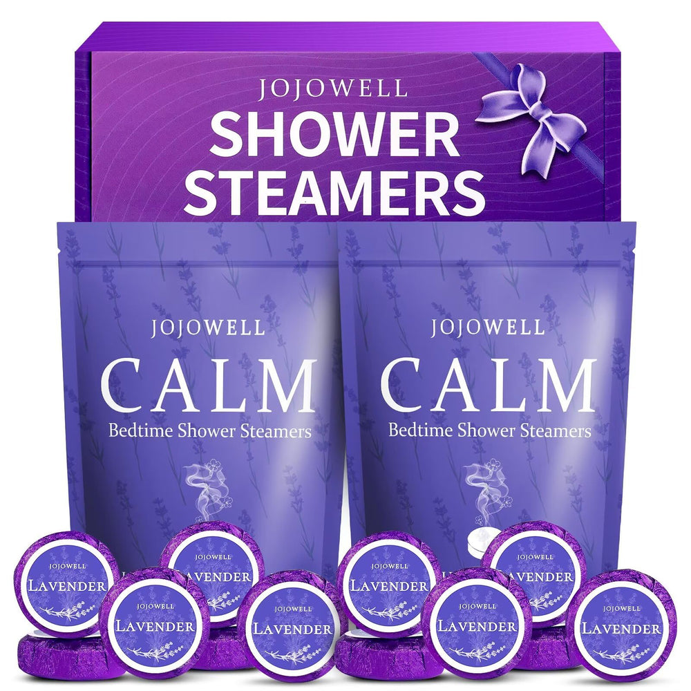 JoJowell lavender shower steamer pack on bathroom shelf for relaxing aromatherapy.