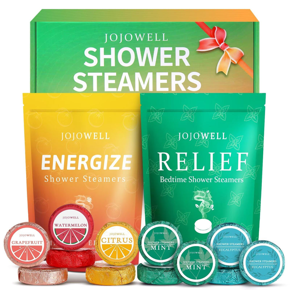 JoJowell shower steamers 12-pack gift box showcasing premium self-care set for relaxation.