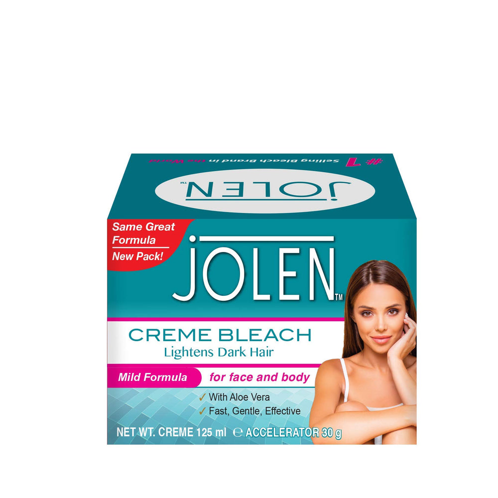 Jolen Mild 125ml Facial Bleach pack application shows quick, gentle lightening of facial hair