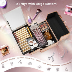 Joligrace extendable two-tier trays reveal spacious compartments for cosmetics.