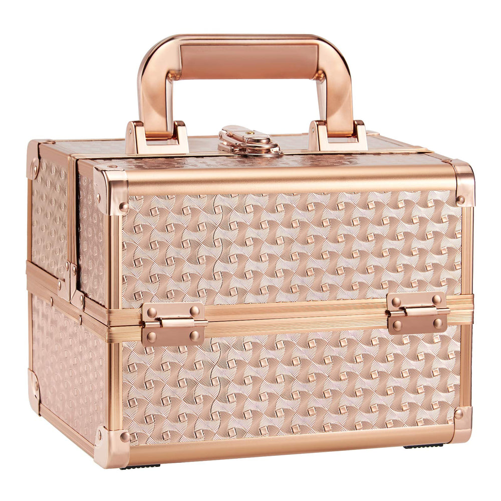 Joligrace Rose Gold makeup train case closed with lockable latch for secure travel storage.