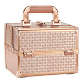 Joligrace Rose Gold makeup train case closed with lockable latch for secure travel storage.