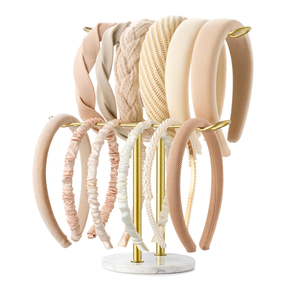Josmimic headband holder two-tier marble base keeps headbands neatly organized on a dresser