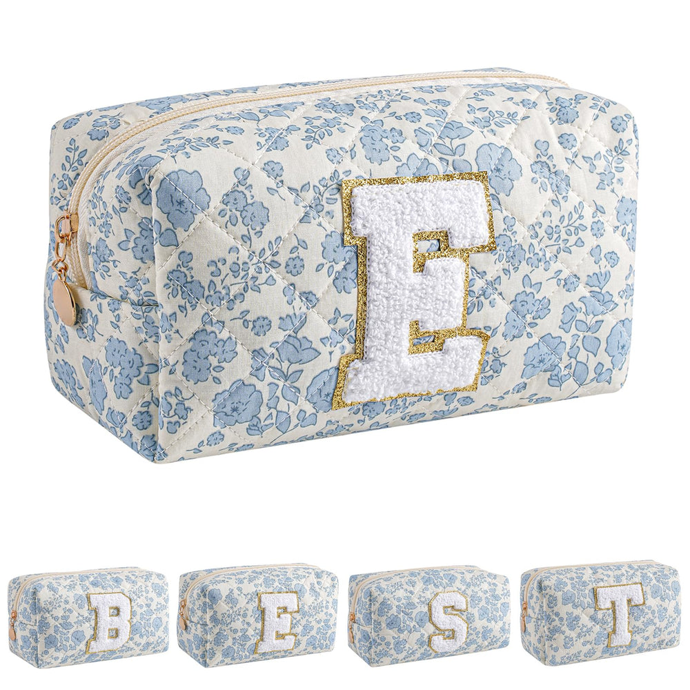 JOVAKIT alphabet makeup bag blue floral-e front view for easy travel organization
