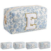 JOVAKIT alphabet makeup bag blue floral-e front view for easy travel organization