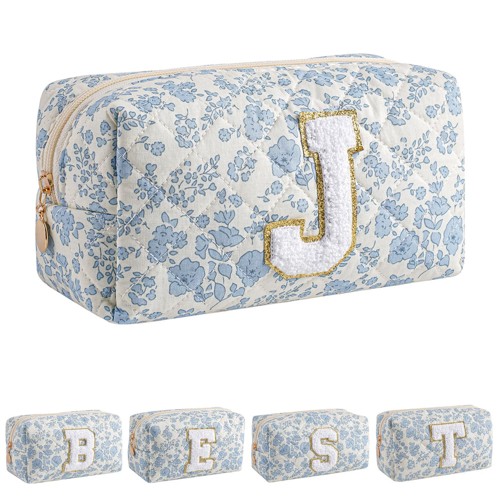 JOVAKIT Alphabet Makeup Bag blue floral front view highlights chic, travel-ready organization.