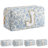 JOVAKIT Alphabet Makeup Bag blue floral front view highlights chic, travel-ready organization.