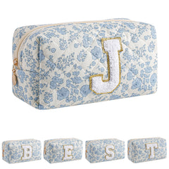 JOVAKIT Alphabet Makeup Bag blue floral front view highlights chic, travel-ready organization.
