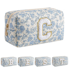 JOVAKIT Alphabet Makeup Bag blue floral front view for travel-ready cosmetics storage.