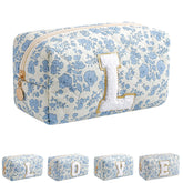 JOVAKIT Alphabet makeup bag blue floral front view highlighting chic organization for cosmetics