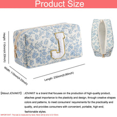 JOVAKIT Alphabet Makeup Bag blue floral interior lining highlighting durable, easy-clean material.