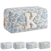 JOVAKIT Alphabet Makeup Bag Blue Floral K hero shows chic travel organizer for cosmetics