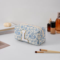 JOVAKIT Alphabet makeup bag blue floral side view showing slim profile for daily essentials
