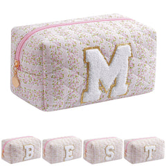 JOVAKIT Alphabet makeup bag pink floral close-up organized for travel use.