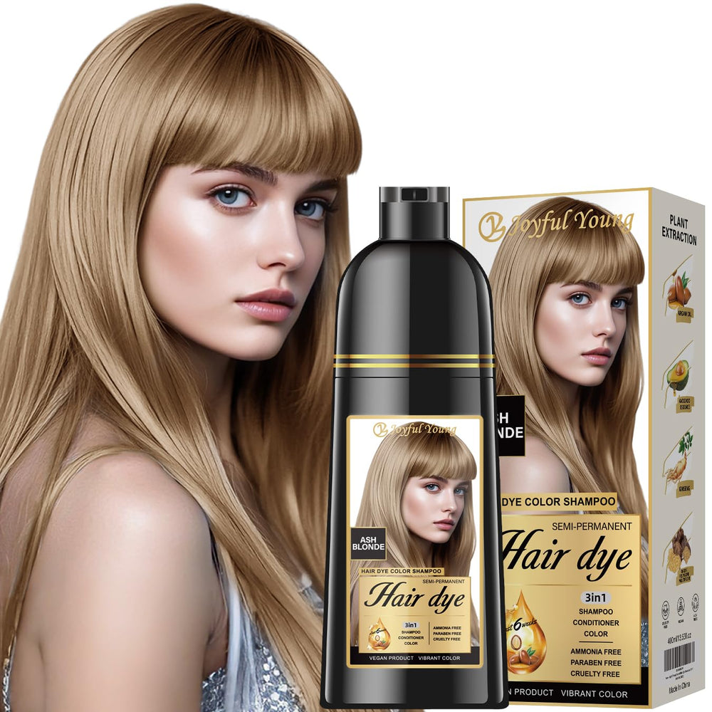 Joyful Young ash-blonde shampoo pour shows even color distribution and gentle cleansing.