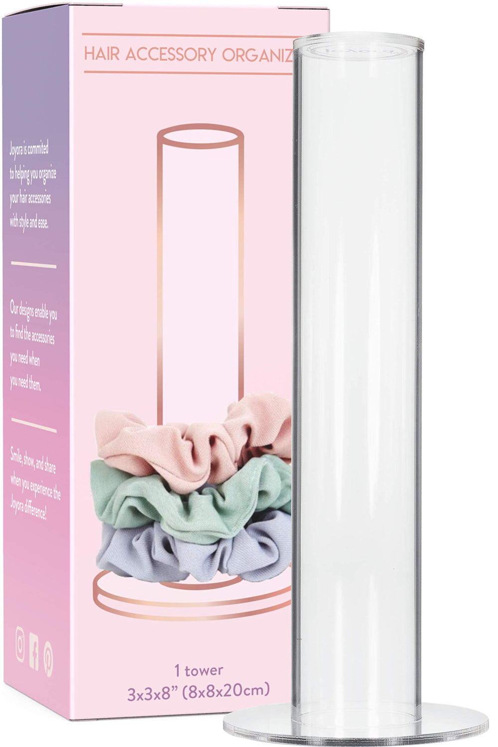 Joyora clear acrylic scrunchie stand on vanity enables quick, clutter-free access