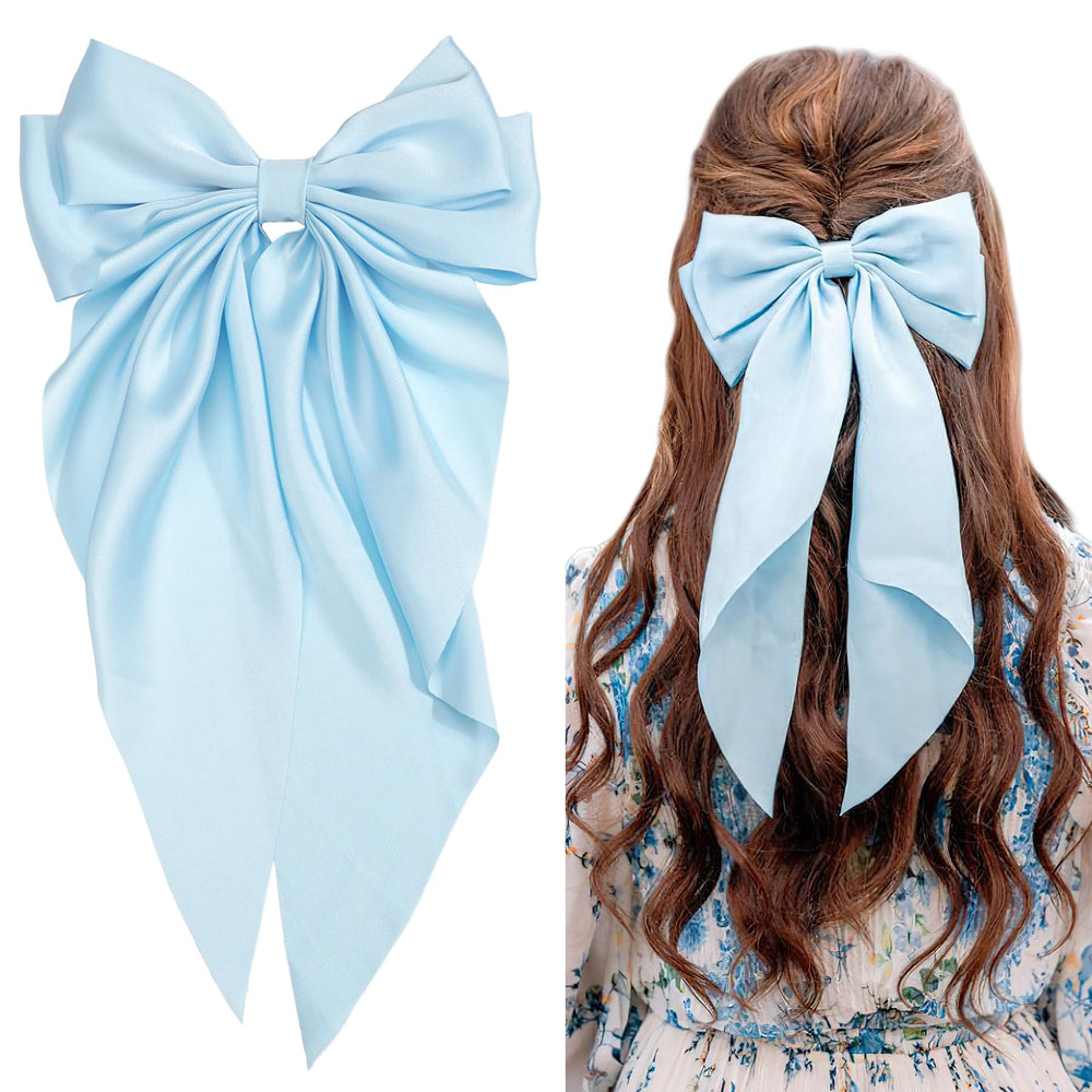 JOYOYO hair clip blue long bow closeup showcases silky satin finish and soft grip.