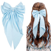 JOYOYO hair clip blue long bow closeup showcases silky satin finish and soft grip.