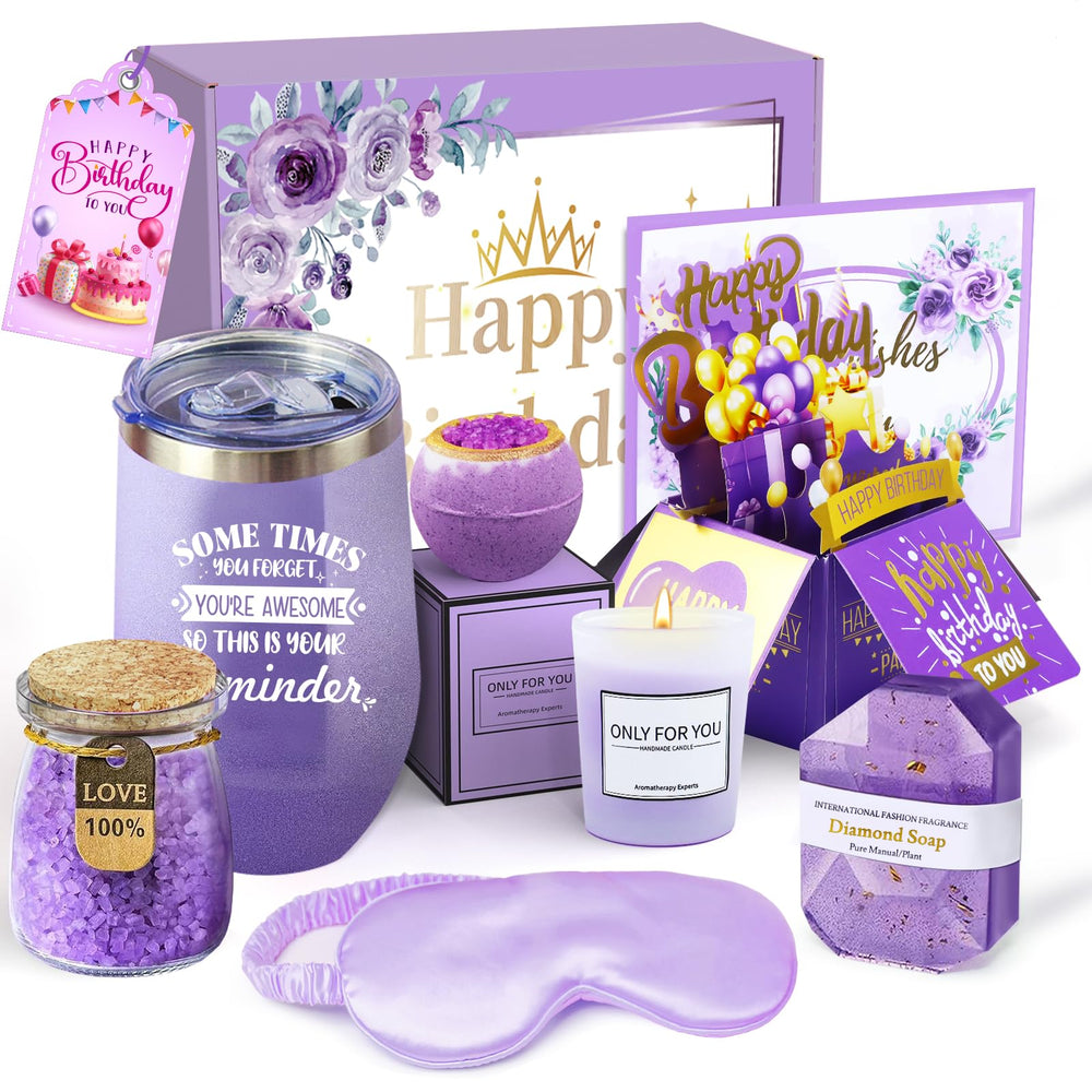Joyvella lavender spa gift basket main box ready for gifting with a calming lavender theme.