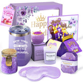Joyvella lavender spa gift basket main box ready for gifting with a calming lavender theme.