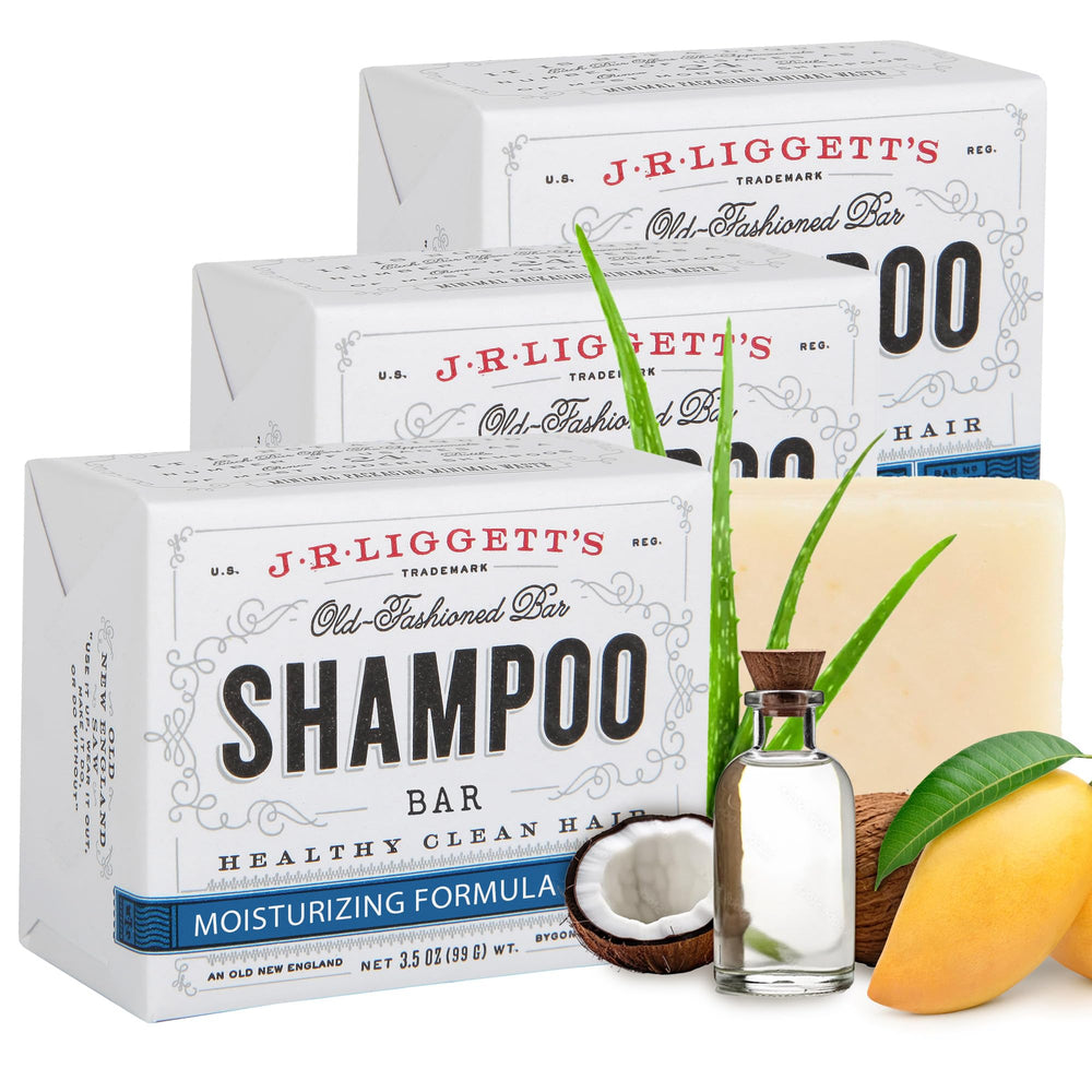 J R Liggett's shampoo bar moisturizing formula with coconut oil and aloe vera in packaging for daily hydration