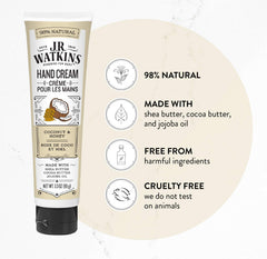 J.R. Watkins coconut hand cream bottle highlighting daily moisture and smoothness.