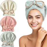 Jseng microfiber hair towel cap bow design close-up, soft texture and quick-drying feel