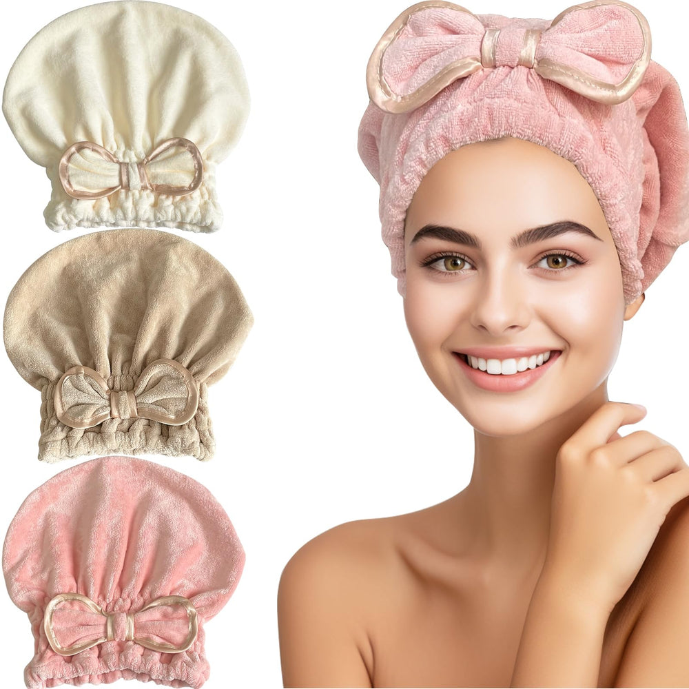 Jseng microfiber hair towel cap cream bow close-up highlights fast drying.