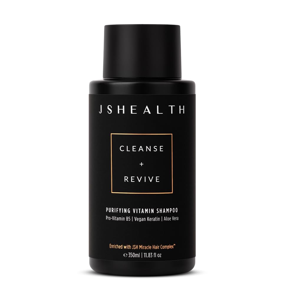 JSHealth Purifying Keratin Shampoo bottle highlights vegan, sulfate-free cleansing for color-treated or dry hair.