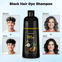 JUANCHI applying Black Hair Dye Shampoo demonstrates easy root touch-up and even color.