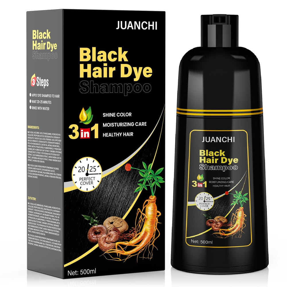 JUANCHI Black Hair Dye Shampoo pack shot for quick gray coverage and convenient care.