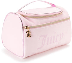 Juicy Couture pink makeup bag hanging view for easy travel organization.