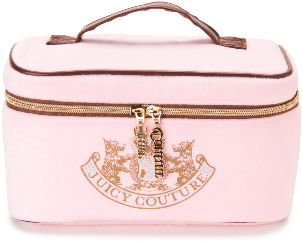 Juicy Couture pink makeup bag travel case shows off chic storage for cosmetics on the go.