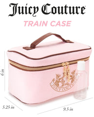Juicy Couture pink toiletry bag interior organizer highlights organized spaces for brushes and bottles.