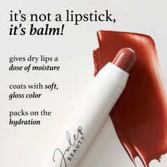 Julep It's Balm Tint on lips demonstrates Cherry Wood Creme with subtle gloss.