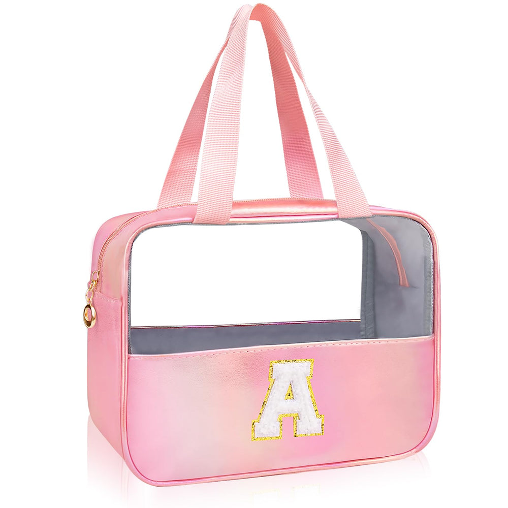 Junesters Initial Clear Makeup Bag front view for quick visibility during travel.