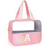 Junesters Initial Clear Makeup Bag front view for quick visibility during travel.