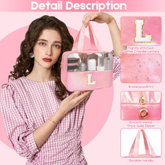 Junesters Initial Clear Makeup Bag monogram letter detail highlights personalized gift appeal.