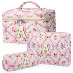 Junesters makeup bag with quilted floral design and spacious front view for full makeup kit.