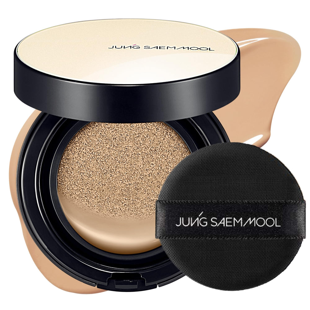 JUNG SAEM MOOL Essential Skin Nuder Cushion 23N Honey compact shows travel-ready packaging for radiant skin.