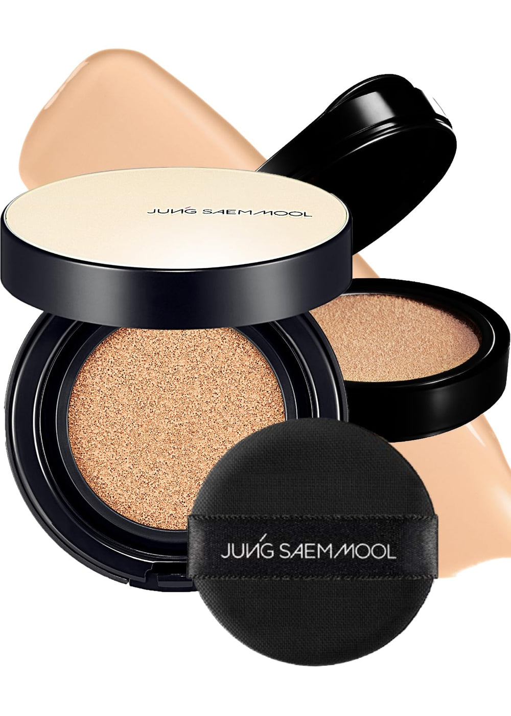 Jung Saem Mool Essential Skin Nuder cushion bottle close-up shows 24-hour wear and full coverage.