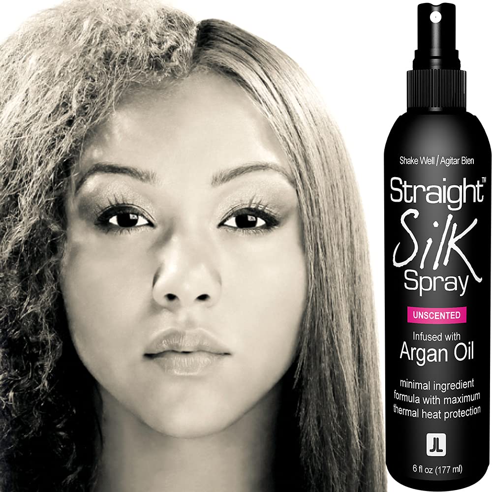 JuniorLabs Straight Silk Spray bottle closeup—unscented formula with argan oil and heat protection.