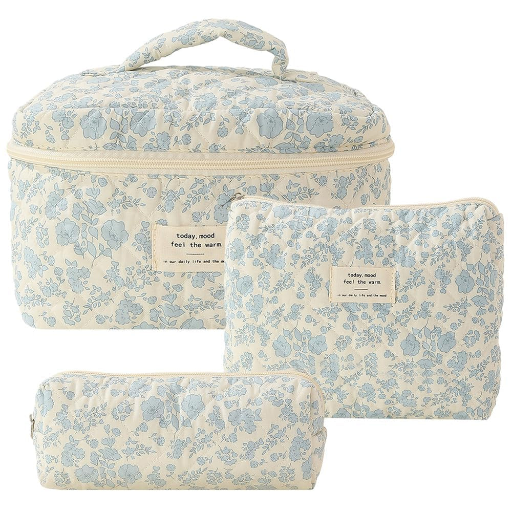 Juoxeepy quilted makeup bag with floral cotton in beige for lightweight travel use
